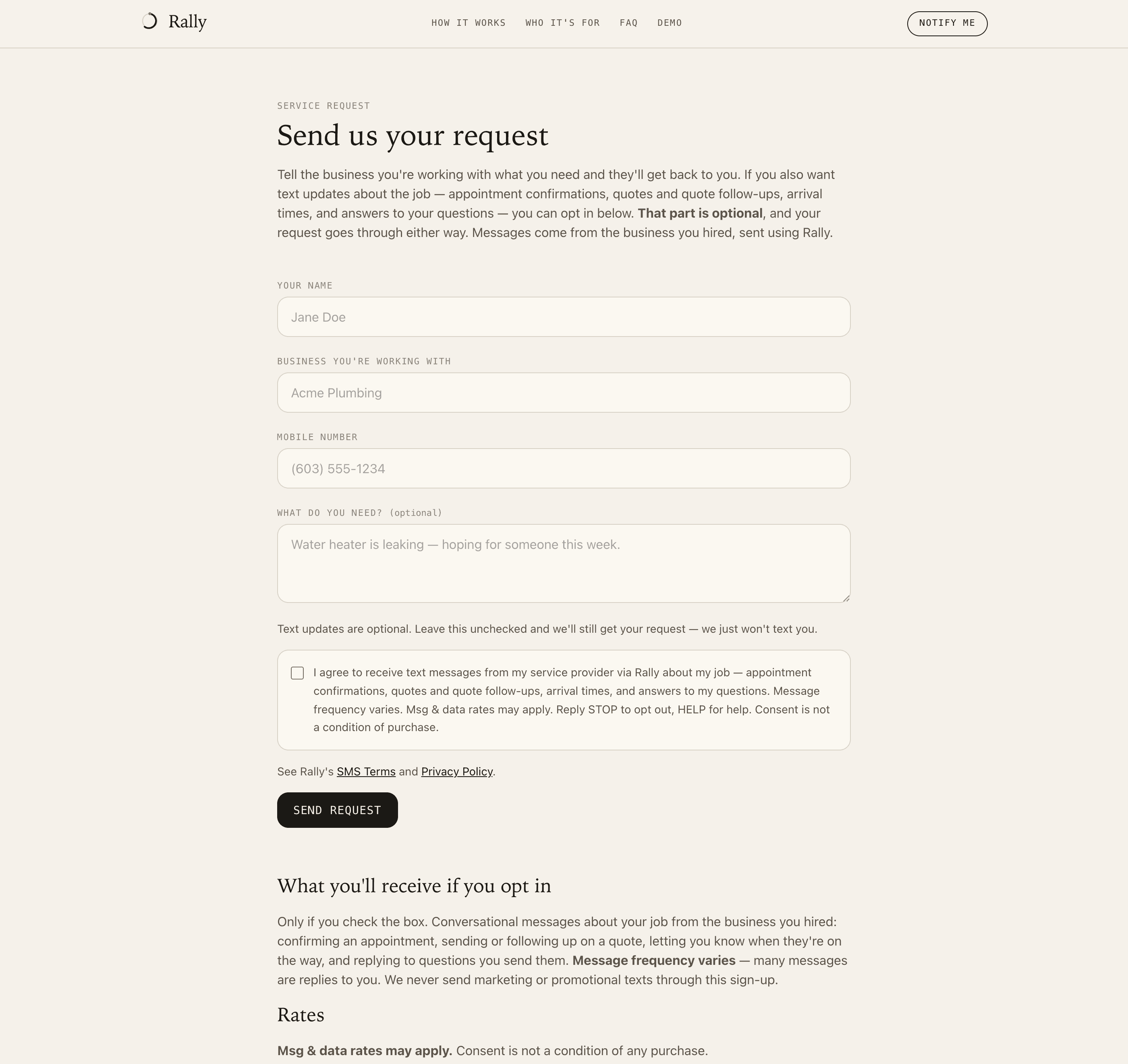The Rally service request form at rest, showing empty fields and the SMS consent checkbox unchecked by default, above a Send request button.