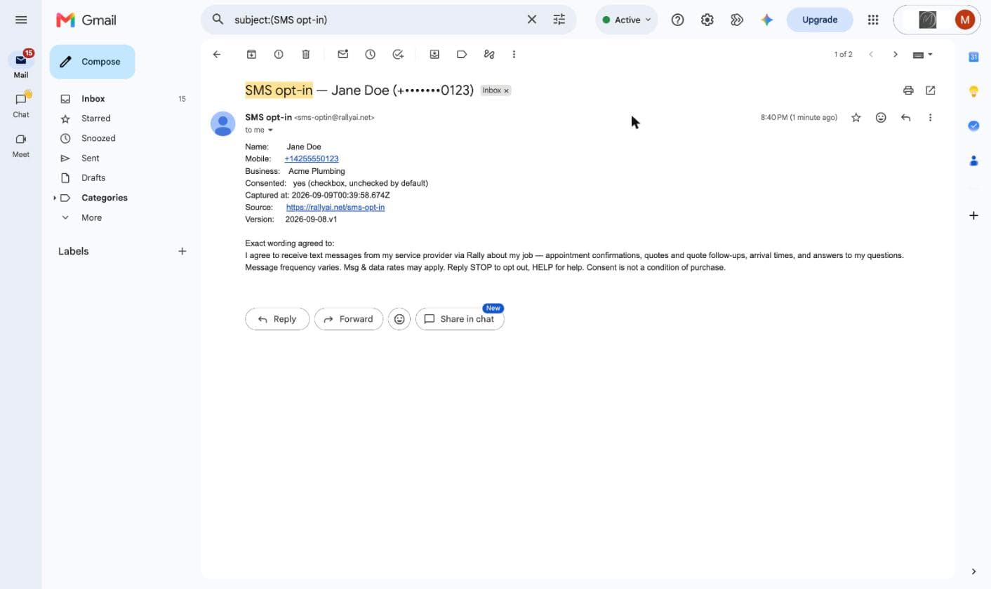 A stored Rally consent record showing name, redacted mobile number, business, consent method, timestamp, source URL, wording version, and the exact wording agreed to.