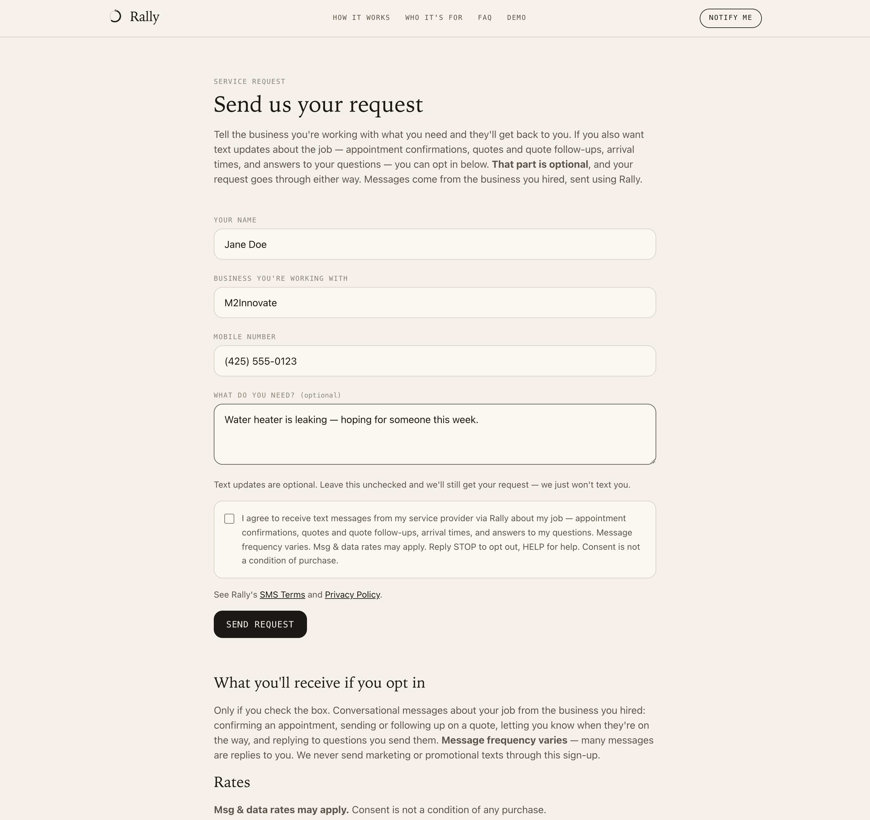 The service request form completed with the SMS consent checkbox left unchecked, ready to submit.